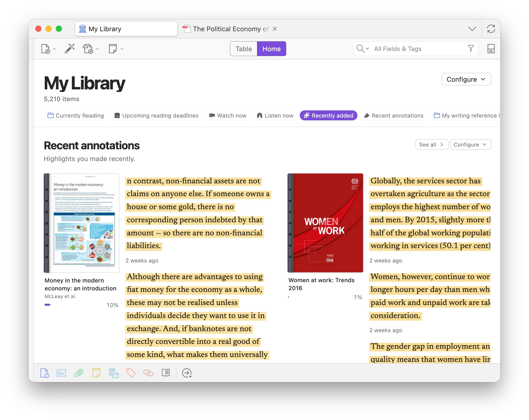 Annotation Feed showing recent highlights beside source covers
